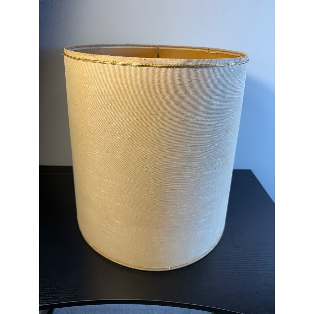 Vintage 1960s Mid Century Atomic Lamp Shade 15" Fabric Cream Drum Gold Trim MCM